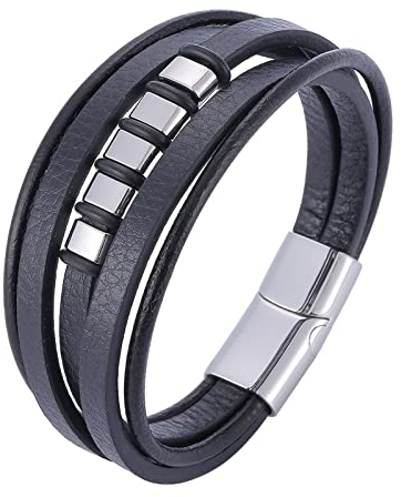 Wycian Armband Silber Elegant, Armband Frauen 5-Lagiges Lederarmband 18.5CM Rostfreier Stahl für Männer Frauen