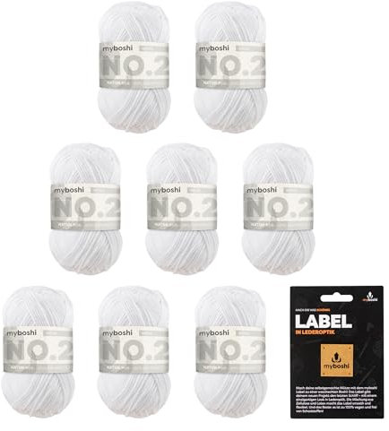 myboshi No.2 inkl. Label, Baumwolle zum Häkeln, Baby Wolle, vegane Wolle zum Stricken, Wolle 60 Grad waschbar, für Baby und Amigurumi, 50g, Ll 100m Weiß (Weiß) 8 Knäuel
