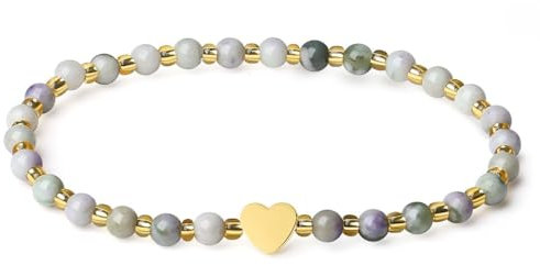 MetJakt Handgemachter Naturstein Perlenarmband 4MM Mini Stretch Armband Energiearmbänder 18k vergoldet Herz Armbänder für Damen Damenschmuck Echtes (Gemusterter Chrysopras)