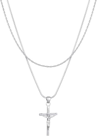 Kuzzoi Halskette Herren 925 Silber mit Kreuz Anhänger (28 mm) Kruzifix Layer Kette für den Mann Kettenlänge 50 + 55 cm, 0111661723