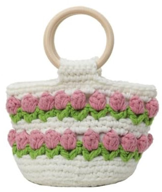 CASNO Taschen für Damen, mit Griff aus Holz, gestrickt, modisch, für Damen, bunte Blume, handgewebt, gehäkelt, kleiner Korb, Handtasche, Geldbörse, Rosafarbene runde Handtasche