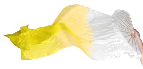 PATIKIL Belly Dance Silk Fan Veil 71, 1 Pack Women Long Folding Dance Fan Wood Fan for Dance Performance Right Hand, White Gradient Yellow