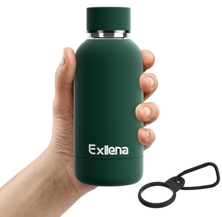 Exllena Water Bottle 350ml with Clip, Double Wall Vacuum & Insulation Keeps Drinks Cold 24 Hrs & Hot 12 Hrs, Handbag-Sized, BPA Free (Emerald Green)