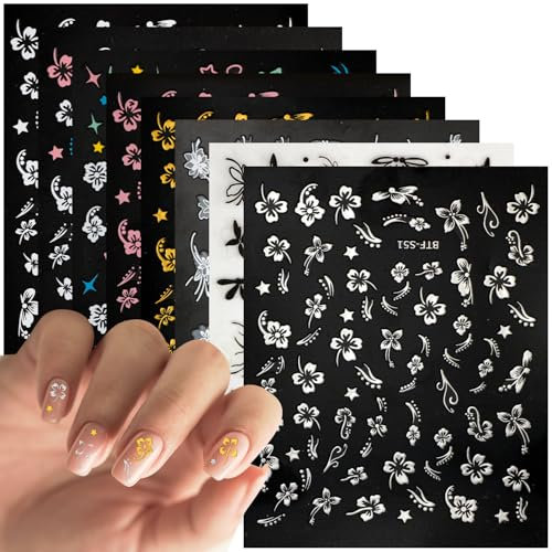8 Sheets Flower Nail Stickers, Hibiscus Nail Stickers Design Self-Adhesive Floral Spring Summer Nail Stickers Manicure Decoration Accessories for Women Girls