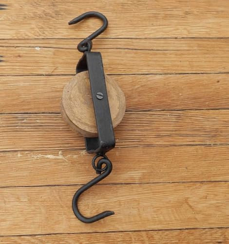 Deko-Impresion Dekorativer Flaschenzughaken 2 Haken u. Rolle Holz u. Eisen schwarz Seil 29 cm
