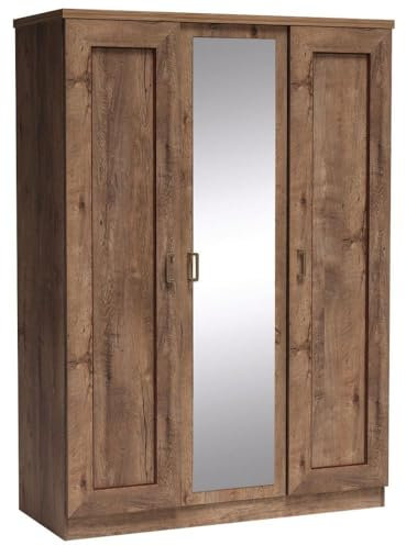 Lomadox Kleiderschrank Schrank Drehtürenschrank 3türig Spiegeltür Lefkas Eiche Kleiderstange 134,5x190,5x57 cm