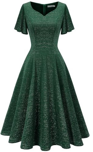 HomRain Vestido casual de cóctel con cuello en V y mangas con volantes semiformal hasta la rodilla para mujer, Verde oscuro con purpurina, S