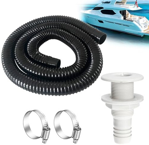 maierke 1-1/8 Boat Bilge Pump Hose Installation Kit,1-1/8 Dia 6 FT Kink-Free PVC Hose,1-1/8 Inch ABS Thru-Hull Fitting,2PCS Stainless Steel Hose Clamps for Boat Marine