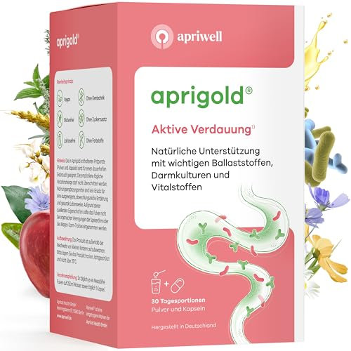 Aprigold aktive Verdauung - Spürbarer Schwung, Regelmäßigkeit & Geschmeidigkeit - Mit Ballaststoffen & Bakterienkulturen -1-Monats-Pack (420g Pulver, 30 Kapseln)