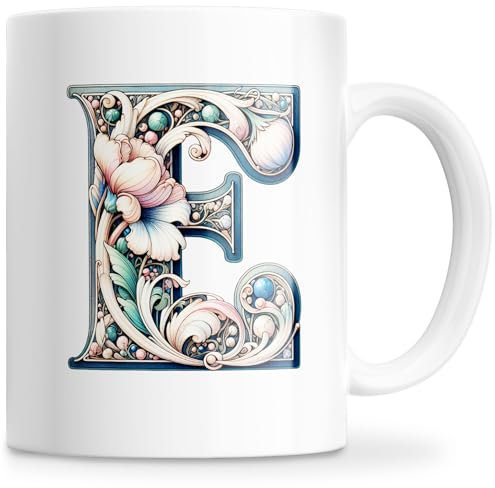Taza Personalizada con Letra Inicial del Nombre - Taza Cerámica 350ML con Motivo Floral, Regalos Originales para Mujeres, Mamá, Amigos - Apta para Lavavajillas y Microondas (E)
