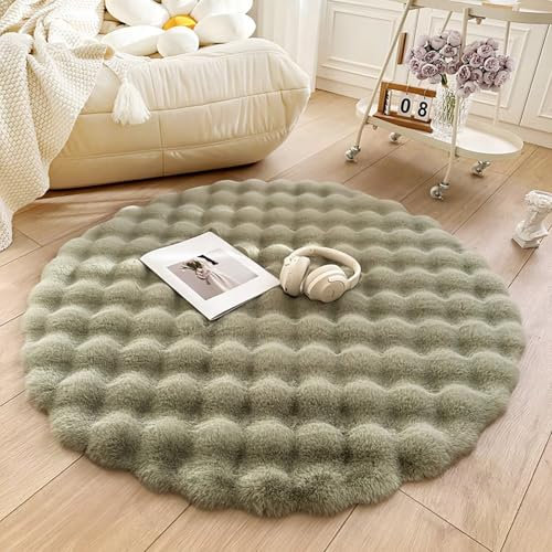 Tospass Hochflor Teppich Rund Wohnzimmer Langflor Flauschig Shaggy Kunstfell Fell Waschbar für Schlafzimmer Bettvorleger Grün Moderne Rutschfester Teppiche, 60 cm Rund