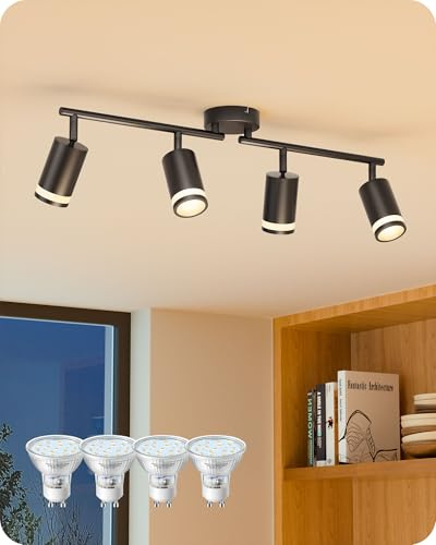 EDISHINE 4-Way Spotlights Ceiling Light, Rotatable, 4 GU10 Bulbs Included | Horizontal 340° Vertical 90° Rotation Adjustable, 4W 3000K Dimmable GU10 Bulb, bulbs 10‑100% dimming, Black Cylindrical Shade