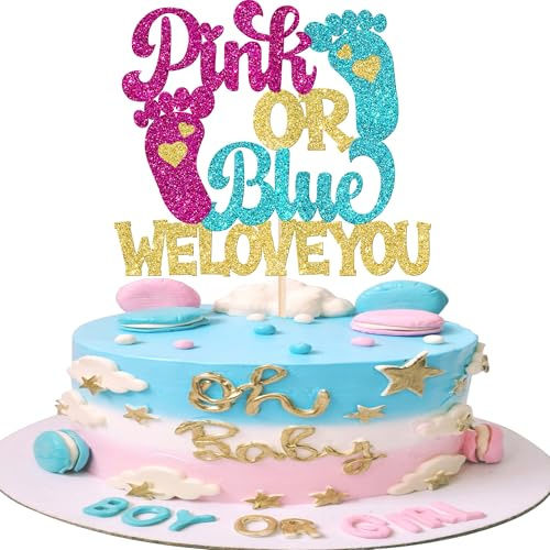 Xsstarmi 1 Pack Gender Reveal theme Cake Topper Glitter Pink or Blue We Love You Boy Or Girl Cake Pick Decoration for Gender Reveal theme Baby Shower Birthday Party Cake Decorations