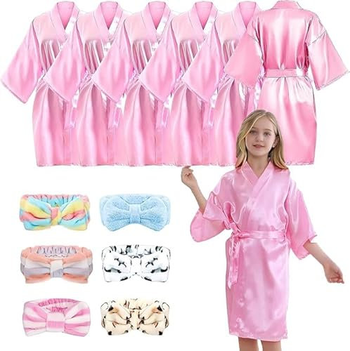 LYCN 12 pezzi vestaglia bambina kimono accappatoio in raso di seta con 6 nastri per capelli spa party set per accessori per feste, regali di nozze, sposa