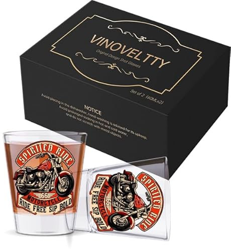 Vinoveltty Motorcycle Shot Glasses Set of 2, Motorcycle Gifts for Men Dad Biker, Fathers Day Christmas Birthday Gifts for Dad Brother Husband, 2oz
