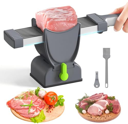 Fresh Meat Slicer with Compartment Thickness Adjustment, Stainless Steel Meat Slicer for Fresh Raw Meat, Fish, Vegetables, with 2 Blades, Suction Base and Brush