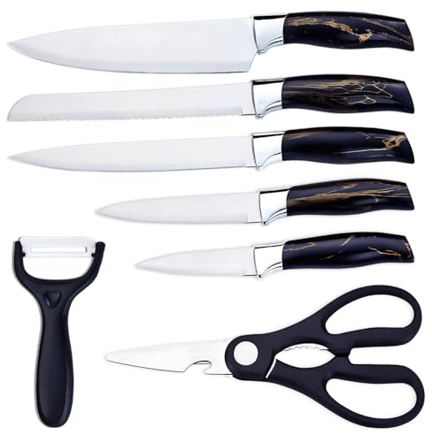 PionStar 7-Piece Professional Kitchen Set – Chef, Bread, Carving, Utility & Fruit Knives + Scissors & Peeler | Multi-Purpose Stainless Steel Kitchen Knife Design
