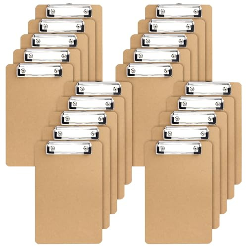 PINGEUI 20 Pack A5 Holz Klemmbrett Hartfaser-Klemmbrett mit skalierbarem Aufhängeloch und Metallclip, Braune Klemmbretter für Büro, Restaurant, Bürobedarf