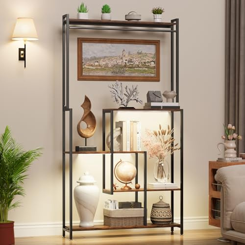 BACEKOLL Bücherregal, Lagerregal, Küchenregal, Regal, Standregal mit 5 Ebenen, für Wohnzimmer, Büro, Schlafzimmer, 23 x 96 x 184cm, Industrie-Design, Vintagebraun-Schwarz