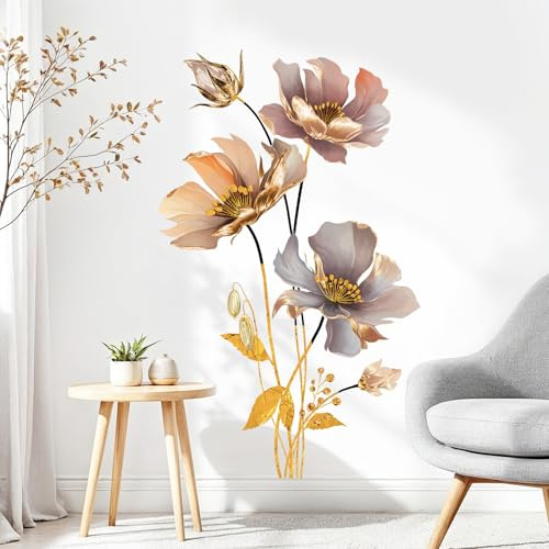 SHUCHING Wandtattoo Blumen Gold, Wandaufkleber Blumen Metallisches Lotus, Wandsticker für Wohnzimmer Badezimmer Schlafzimmer Küche Hintergrund