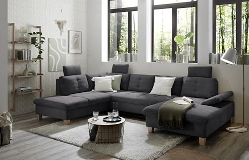 Stella Trading Wohnlandschaft Ascot mit Cord-Bezug und Schlaffunktion in Anthrazit, U-Form inkl. Kopfstützen, Bettkasten und Verstellbarer Armlehne - 324 x 107 x 218 cm (B/H/T)