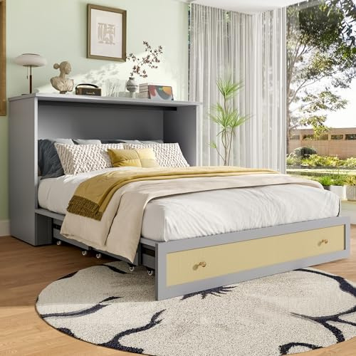 VIEKOS Schrankbett,140x200cm, Mobiles Schrankbett mit Schubladen am Bettende und Regal am Kopfende des Bettes, mit USB und Steckdose,Umbaubares Plattformbett, Ohne Matratze, Grau