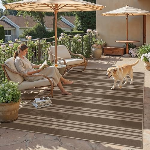 PureCozy Outdoor Teppich Wohnzimmer 140x200cm Outdoorteppich Wetterfest Balkon Braun Teppiche Jute Optik Waschbarer rutschfest Groß Carpet Terrassen Garten Esszimmer BüRo Indoor Rug