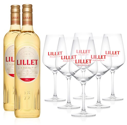 Lillet Aperitif Box - französischer Wein-Aperitif für Spritz & Cocktails, Inklusive 6 Original Gläser und 2 x 0,75 l Lillet Blanc