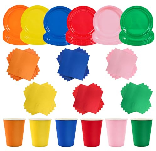 90P Colorful Rainbow Party Tableware Set,Multicolor Party Paper 30 Plates 30 Napkins 30 Cups for Kids Birthday,Colorful Dinner Plates Luncheon Cocktail Napkins Paper Cups for Baby Shower Tableware