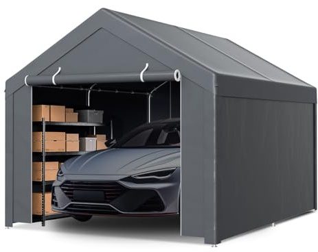 Peviasot Garagenzelt 3 x 4 m, Mobile Zeltgarage in Grau, PE-Plane mit verzinktem Stahlrahmen, mit Erdankern und Abspannseilen, wettergeschützter Unterstand für Auto, Motorrad und Gartengeräte