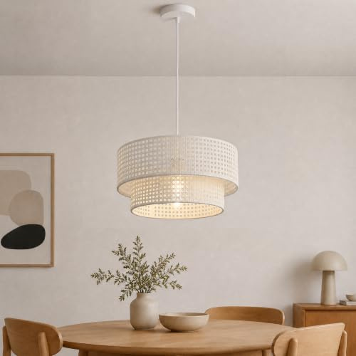 MinteVolt Hängelampe Ø40cm – Weiße Pendelleuchte in Rattan-Optik | Doppelring Höhenverstellbar, E27 für Esstisch, Wohnzimmer, Schlafzimmer, Küche – vergilbungsfrei – ohne Leuchtmittel