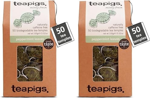 teapigs Whole Leaf Peppermint Tea Bags - Caffeine-Free Herbal Infusion for Digestion & Freshness - Biodegradable Tea Temples, Sustainably Sourced - 50 Teabags (2 Pack)