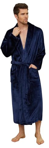 U2SKIIN Mens Fleece Robe Plush Collar Shawl Bathrobe (Navy, L/XL)