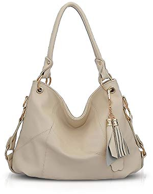 NICOLE & DORIS Damen Handtasche Groß Designer Umhängetasche Leder Tote Bag Shopper Handtasche Elegant Tasche mit Quaste Beige