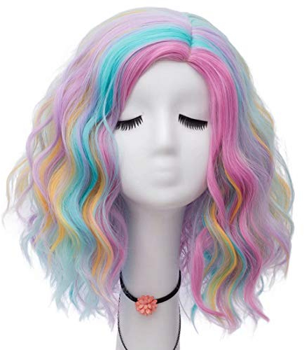 NiceLisa Frauen 16 Zoll Mittellanges Seitenteil Bunte Curly Wave Tägliche Halloween Cosplay Perücke for Erwachsene