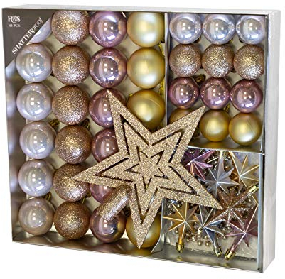 45tlg. Christbaumkugeln Set Ø4/5cm Gold/Rosa - Weihnachtskugeln, Baumkette, Sterne, Baumspitze - Christbaumschmuck Baumschmuck Dekokugeln
