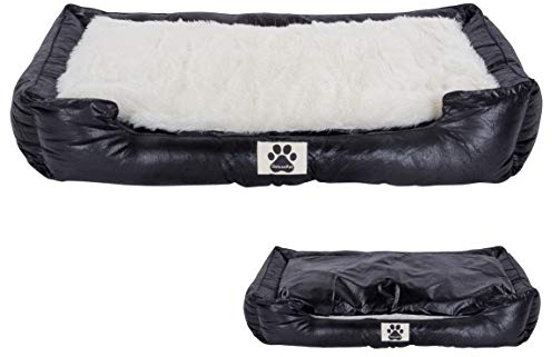 DeluxePet 'Schlummer' Hundebett schwarz 100x70 aus Kunstleder mit 2in1 Wendekissen, Hundekissen für große Hunde mit einer Fell und Leder Seite, Seiten weich gepolstert, Anti-Rutsch Rückseite