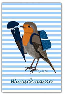 Kunstdruck Personalisierbares Geschenk Jungen und Mädchen zur Einschulung Schulstart Schulanfang Rotkehlchen Vogelmotiv