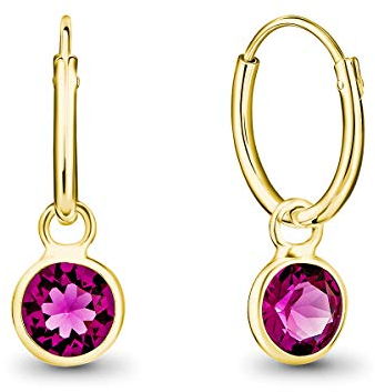 DTPsilver® KLEINE Creolen Ohrringe 925 Sterling Silber Gelb Vergoldet mit Swarovski® Elements Kristall Rund - Mädchen - Dicke 1.5 mm - Durchmesser 14 mm - Farbe : Fuchsie