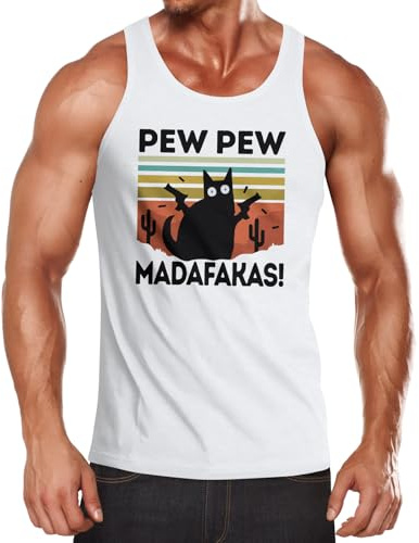 MoonWorks® Herren Tanktop Pew Pew Madafakas! Schwarze Katze Spruch Meme lustig Muscle Shirt Achselshirt Weiss L