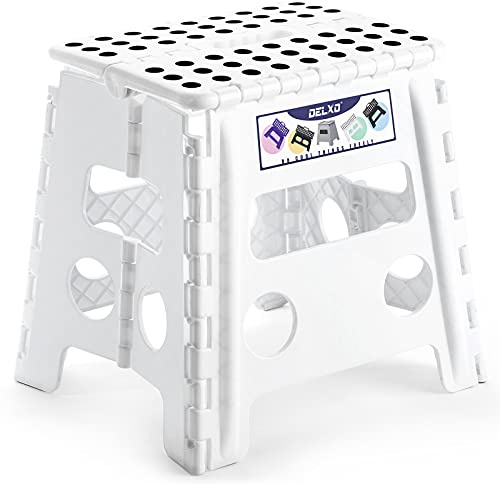 Delxo 13 Folding Step Stool for Kids and Adults, Non-Slip Foldable Step Stools with Handle,Plastic Portable Folding Stool for Bathroom,Bedroom,Kitchen,Hold up to 300lbs White