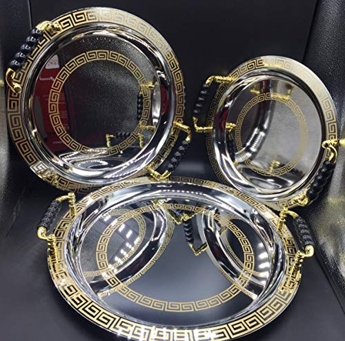 Set de 3 Bandeja de té redondas con grabado de estilo vintage, bandeja con asa hecha a mano en color plata con detalles dorados y las asas negras marroquí (DORADO)