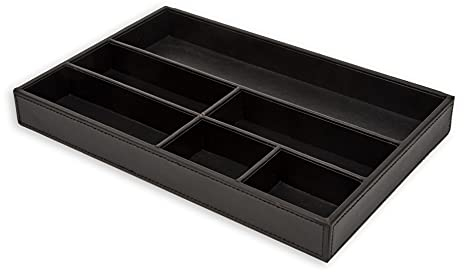 OSCO Black Faux Leather Drawer Organiser | Valet Tray | Drawer Tidy | Drawer Divider | Jewellery Display | Stationery Storage | H4 x W34 x D22.5 cm |