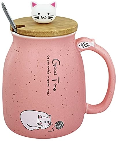 G Decor Cute Cat Tea Coffee 500ml Ceramic Mug Cup, Matching Wooden Lid and Metal Spoon, Novelty Drinkware for Morning or Evening Drink (Pink)