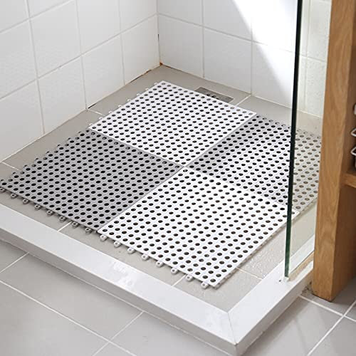 4Pcs Rubber Shower Mats Non Slip Flooring Interlocking Tiles 30X30CM Bath Mat Bathroom Floor Protector Wetroom Mat with Drainage DIY Cuttable for Toilet Kitchen Swimming Pool Grey with Drain Holes