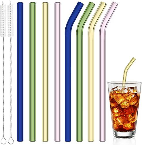 8 Stück Glas Strohhalme Bunt Wiederverwendbar Glas Trinkhalme, 4 Lang Geraden Glass Strohhalm, Reusable Glass Straws, 4 Gebogen Glastrinkhalm mit 2 Reinigungsbürsten für Cocktails, Smoothie und Säfte