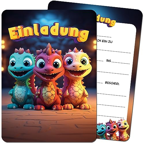 Dino-Party Kindergeburtstag Einladungskarten - 12 Karten Geburtstag Junge, Mädchen, Party im Dinosaurier Design, Made In Germany