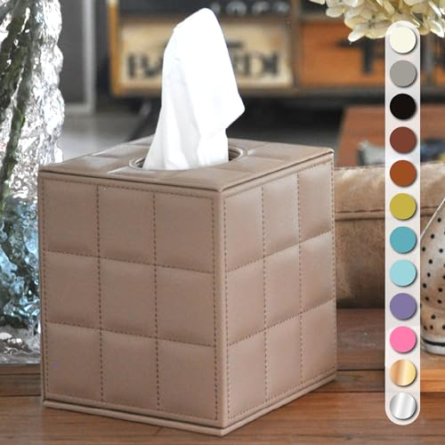 Luxuriöse 5-Sterne-Taschentuchbox-Abdeckung im Hotel-Stil – robuster und stilvoller Taschentuchbox-Halter mit individueller Höhe und modernem PU-Leder außen, 13,5 x 13,5 x 15 cm – Camel