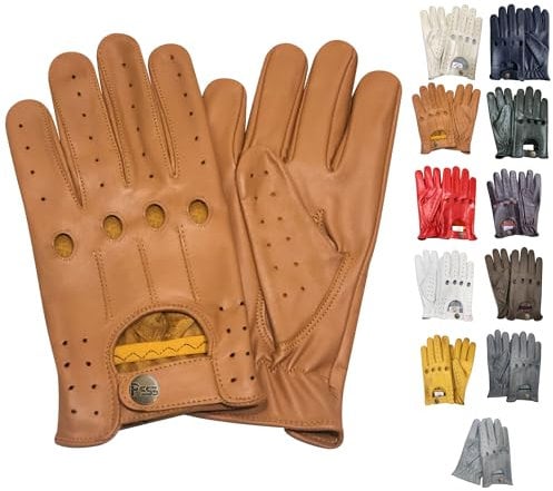 PSS Lederhandschuhe Autofahren Herren Männer Fahrer Lenkrad Chauffeur Handschuhe echtes Leder Autohandschuhe mit Loch Atmungsaktive ohne Futter Sommer Winter, Ref 507, Kamel Größe L