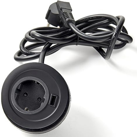 SOTECH Prise encastrable (1 x port USB / 1 x prise Schuko) élément de prise rond Ø 85 mm noir avec câble de raccordement avec fiche pour plans de travail